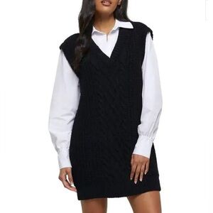 River Island Hybrid Sweater Dress Black Cable Knit Vest & White Shirt